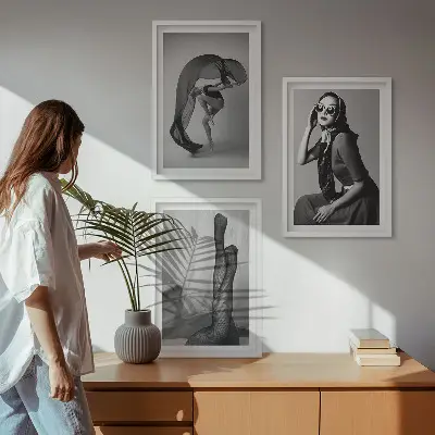 Juego de 3 cuadros retratos de mujeres en blanco y negro