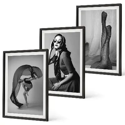 Juego de 3 cuadros retratos de mujeres en blanco y negro