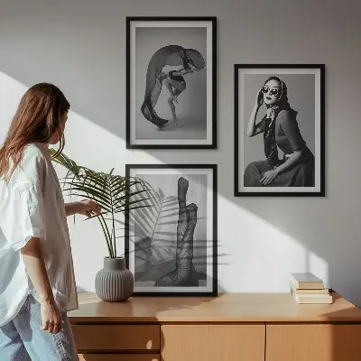 Juego de 3 cuadros retratos de mujeres en blanco y negro