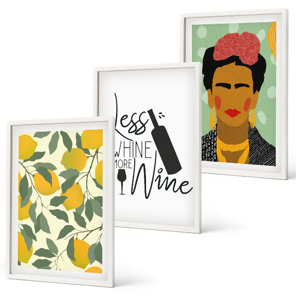 Juego de 3 cuadros Retrato de Frida con vino de limones