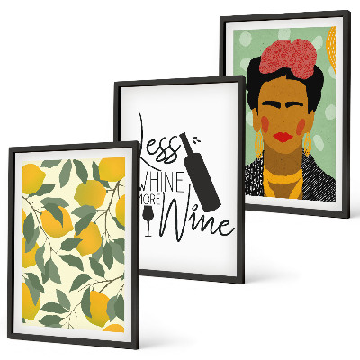 Juego de 3 cuadros Retrato de Frida con vino de limones