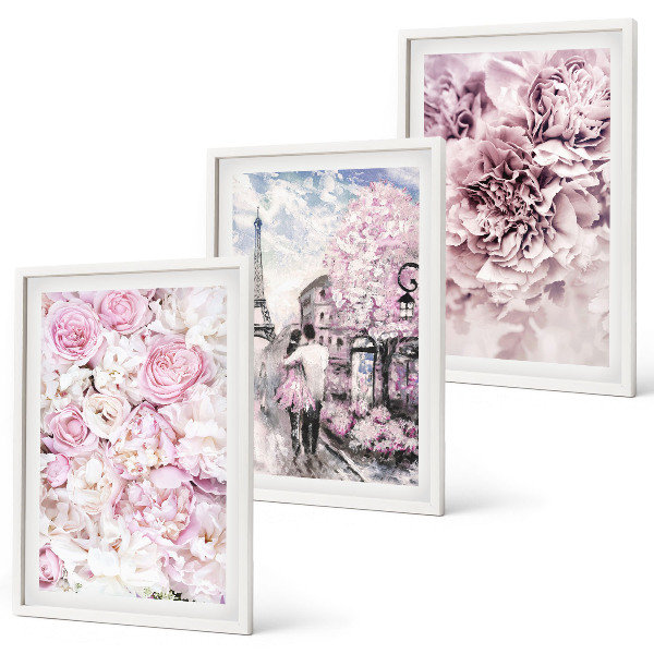 Set de 3 cuadros para salón Paisaje de flores en tonos rosados