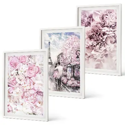 Set de 3 cuadros para salón con diseño de paisaje de flores en tonos rosados