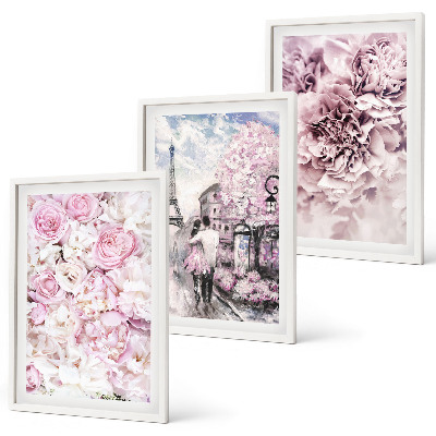 Set de 3 cuadros para salón Paisaje de flores en tonos rosados
