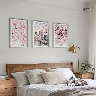 Set de 3 cuadros para salón Paisaje de flores en tonos rosados