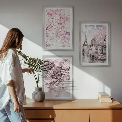 Set de 3 cuadros para salón con diseño de paisaje de flores en tonos rosados