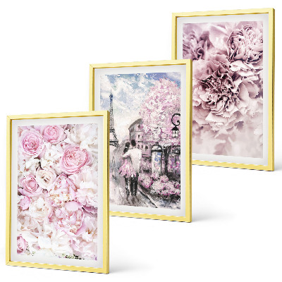 Set de 3 cuadros para salón Paisaje de flores en tonos rosados