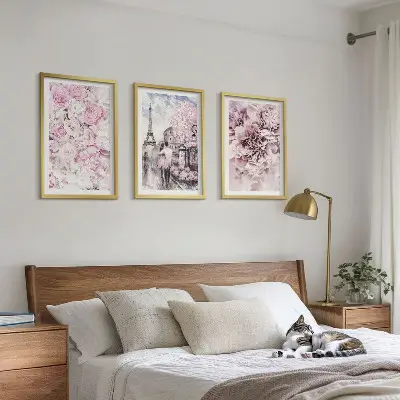 Set de 3 cuadros para salón con diseño de paisaje de flores en tonos rosados