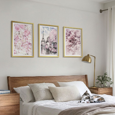 Set de 3 cuadros para salón Paisaje de flores en tonos rosados