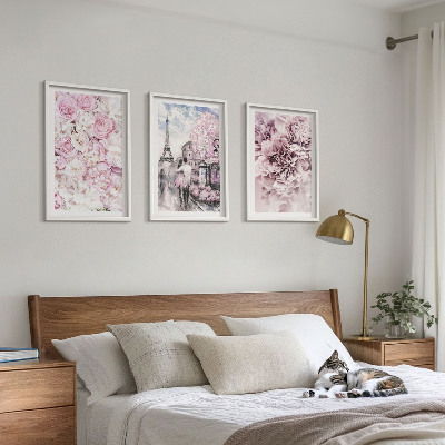 Set de 3 cuadros para salón Paisaje de flores en tonos rosados