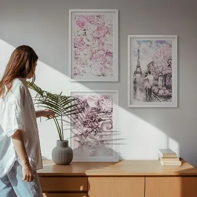 Set de 3 cuadros para salón con diseño de paisaje de flores en tonos rosados