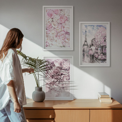 Set de 3 cuadros para salón Paisaje de flores en tonos rosados