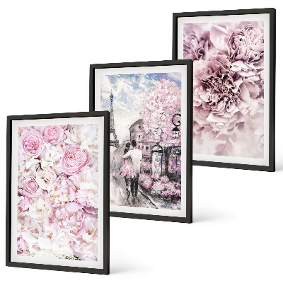 Set de 3 cuadros para salón Paisaje de flores en tonos rosados