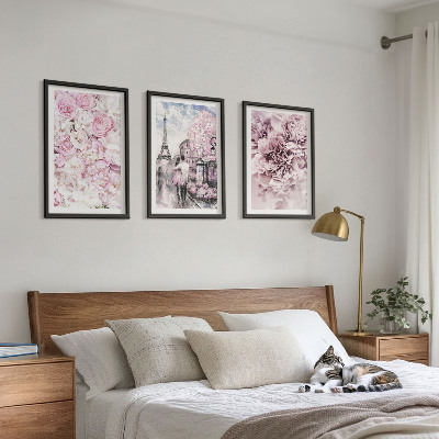 Set de 3 cuadros para salón Paisaje de flores en tonos rosados