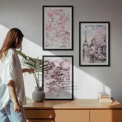 Set de 3 cuadros para salón con diseño de paisaje de flores en tonos rosados