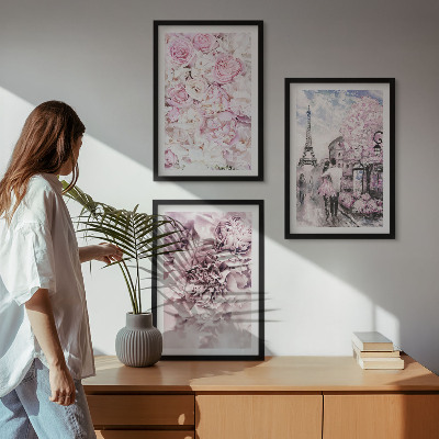 Set de 3 cuadros para salón Paisaje de flores en tonos rosados