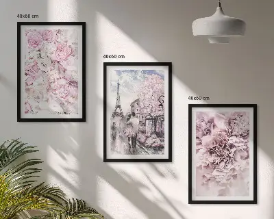 Set de 3 cuadros para salón con diseño de paisaje de flores en tonos rosados
