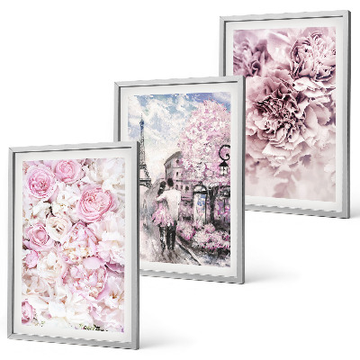Set de 3 cuadros para salón Paisaje de flores en tonos rosados