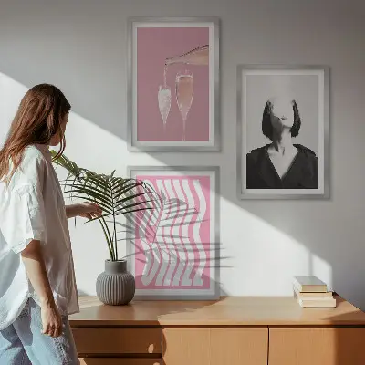 Set de 3 cuadros para salón de elegante retrato de relajación con champán
