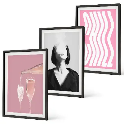 Set de 3 cuadros para salón de elegante retrato de relajación con champán