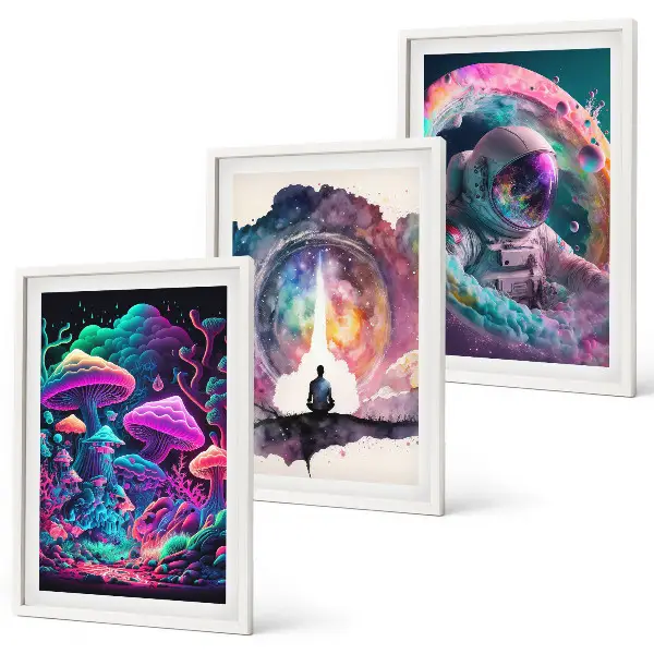 Set de 3 cuadros de arte fantástico ilustraciones a todo color para salón