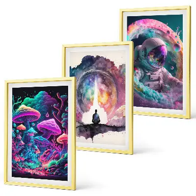 Set de 3 cuadros de arte fantástico ilustraciones a todo color para salón
