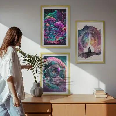 Set de 3 cuadros de arte fantástico ilustraciones a todo color para salón