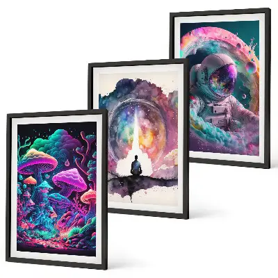 Set de 3 cuadros de arte fantástico ilustraciones a todo color para salón