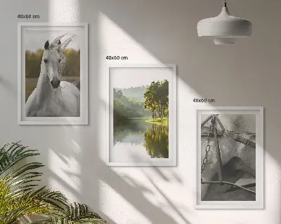 Juego de 3 cuadros de caballos blancos en el río con diseño de naturaleza