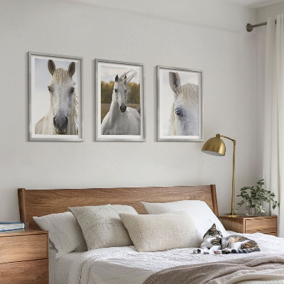 Set de 3 cuadros para salón Caballos blancos en la naturaleza