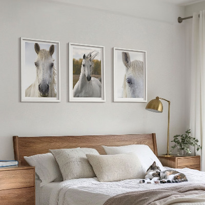 Set de 3 cuadros para salón Caballos blancos en la naturaleza