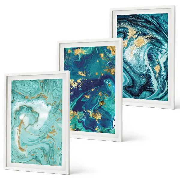 Set de 3 cuadros para salón con diseño de pintura abstracta turquesa