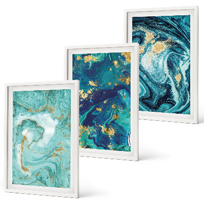 Set de 3 cuadros para salón abstracción de pintura turquesa