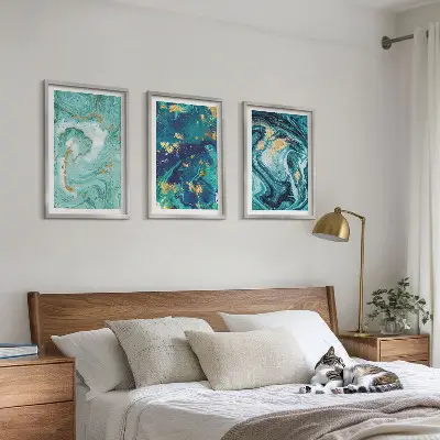 Set de 3 cuadros para salón con diseño de pintura abstracta turquesa