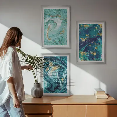 Set de 3 cuadros para salón con diseño de pintura abstracta turquesa