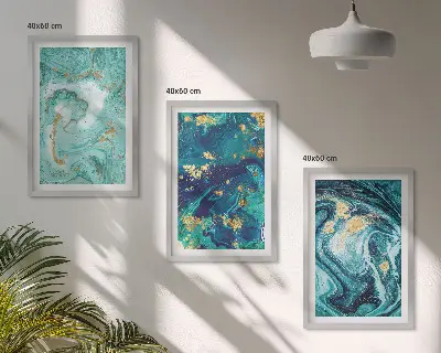 Set de 3 cuadros para salón con diseño de pintura abstracta turquesa