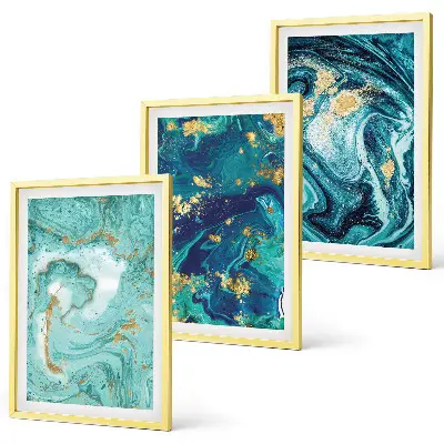 Set de 3 cuadros para salón con diseño de pintura abstracta turquesa
