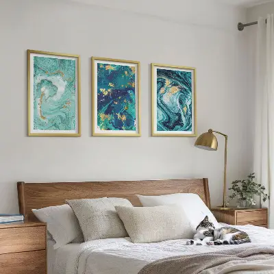 Set de 3 cuadros para salón con diseño de pintura abstracta turquesa