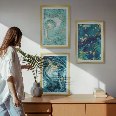 Set de 3 cuadros para salón con diseño de pintura abstracta turquesa
