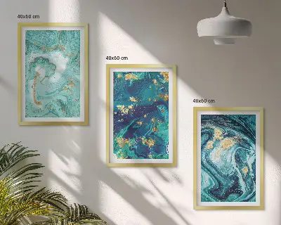 Set de 3 cuadros para salón con diseño de pintura abstracta turquesa
