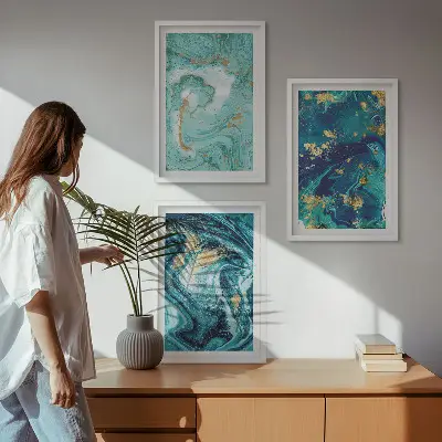 Set de 3 cuadros para salón con diseño de pintura abstracta turquesa