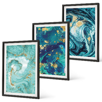 Set de 3 cuadros para salón abstracción de pintura turquesa