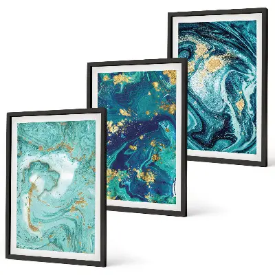 Set de 3 cuadros para salón con diseño de pintura abstracta turquesa