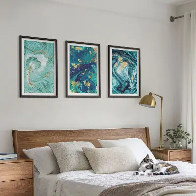 Set de 3 cuadros para salón con diseño de pintura abstracta turquesa
