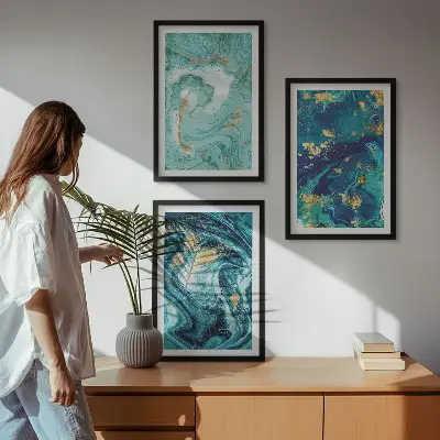 Set de 3 cuadros para salón con diseño de pintura abstracta turquesa