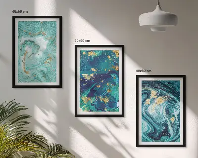 Set de 3 cuadros para salón con diseño de pintura abstracta turquesa