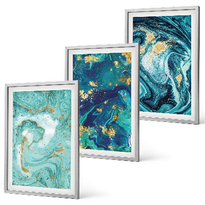 Set de 3 cuadros para salón abstracción de pintura turquesa