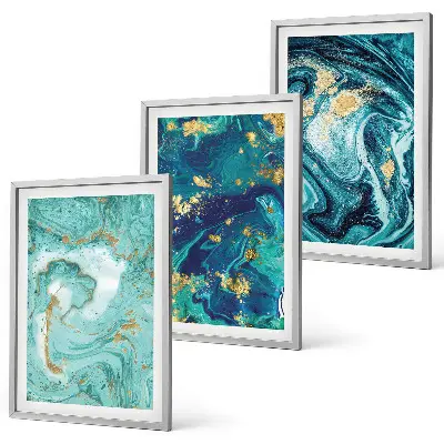 Set de 3 cuadros para salón con diseño de pintura abstracta turquesa