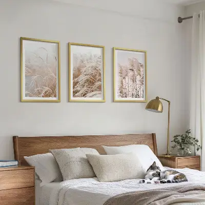 Juego de 3 cuadros con diseño de campos de hierba en tonos marrones y beige