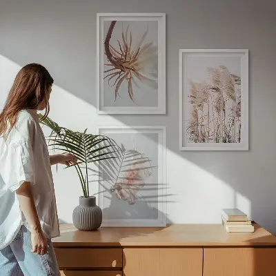 Set de 3 cuadros para salón con diseño de flores sobre fondo claro